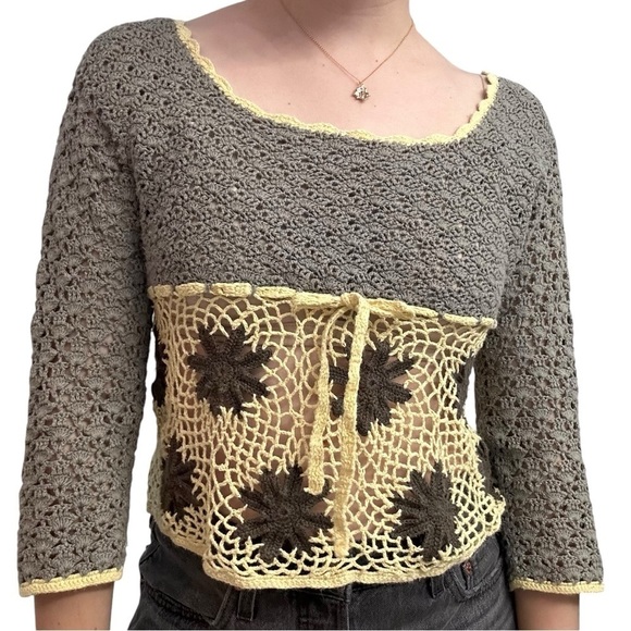 Y2K Vintage Crochet Top Knit Boho Fairy Festival Casual Floral Babydoll Small 15 - Picture 2 of 7